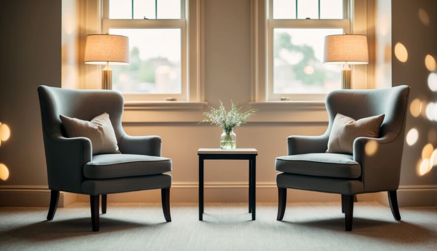 A cozy office with two comfortable chairs facing each other, a small table in between, and soft, warm lighting creating a calm and inviting atmosphere