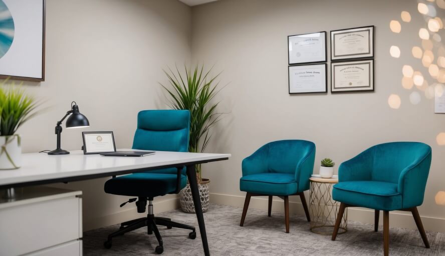 A cozy office with a desk, chairs, and calming decor. A diploma and certification hang on the wall