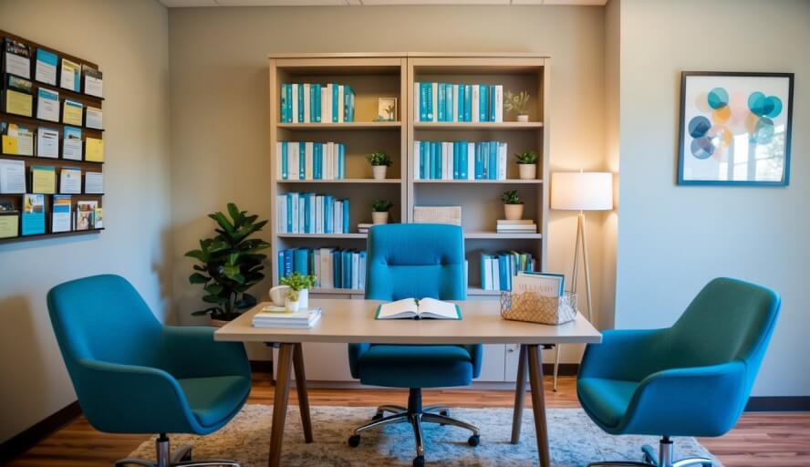 A cozy office with a desk, two chairs, and a bookshelf filled with therapy resources. A calming color scheme and soft lighting create a welcoming atmosphere
