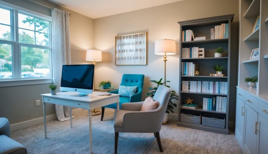 A cozy office with soft lighting, comfortable seating, and calming decor. A desk with a computer and a bookshelf filled with therapy resources