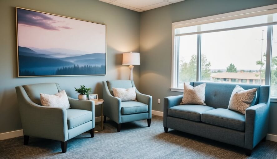 A serene office space with calming decor and comfortable seating, where Jo Seiders provides counseling as a sex therapist in Boise, ID