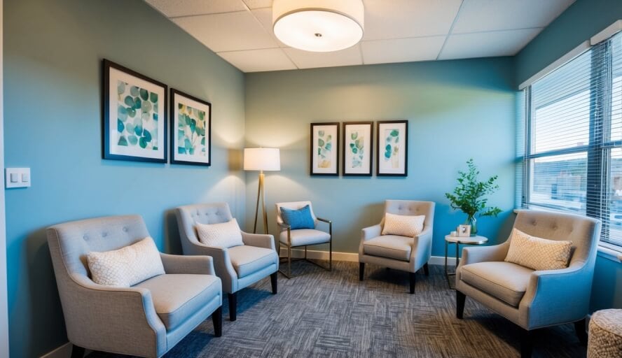 A cozy therapy office in Boise, Idaho, with comfortable chairs, soft lighting, and calming decor