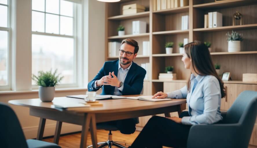 A cozy office with a desk, chairs, and bookshelves. A therapist speaks with a client, offering guidance and support