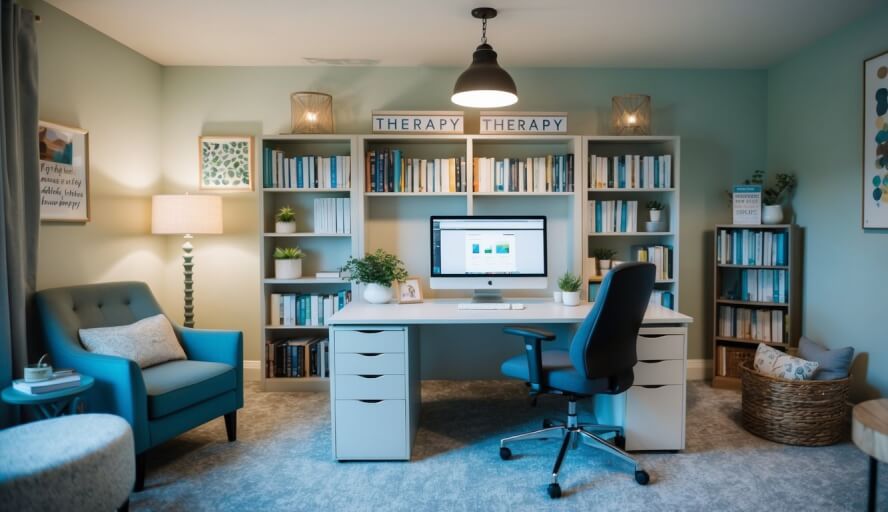 A cozy office with soft lighting and comfortable furniture. A desk with a computer and a bookshelf filled with therapy resources