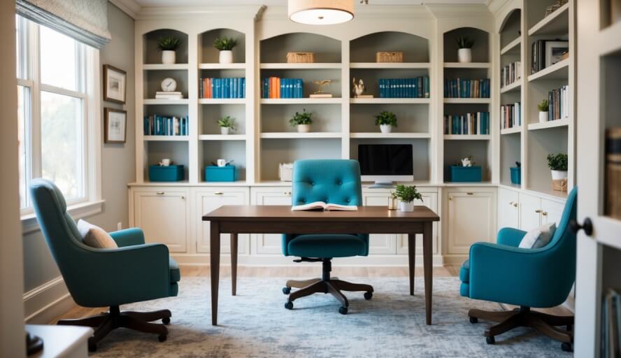 A cozy office with a desk, bookshelves, and comfortable chairs. Soft lighting and calming decor create a welcoming atmosphere for therapy sessions