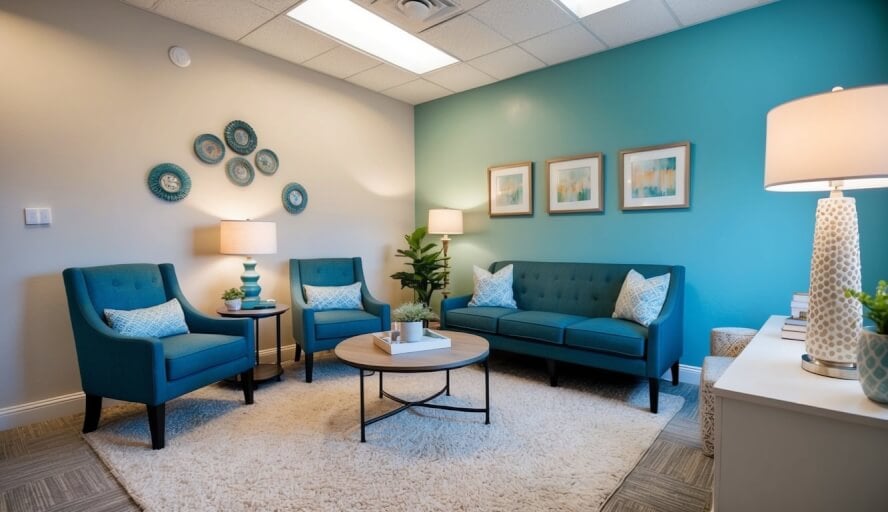 A cozy therapy office in Plano, TX with comfortable seating, soft lighting, and calming decor