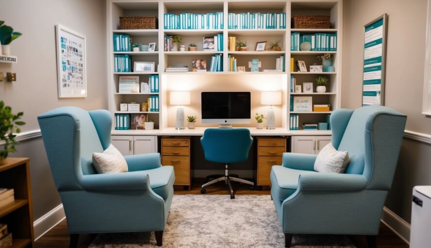 A cozy office with two comfortable chairs facing each other, a desk with a computer, and bookshelves filled with therapy resources and decor