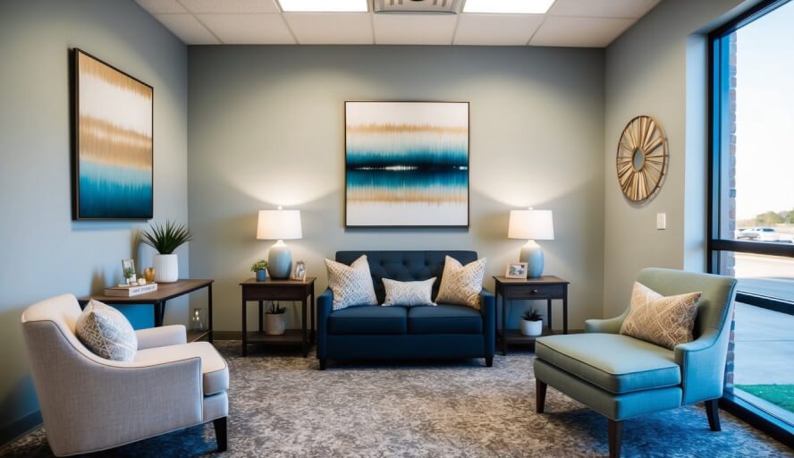 A cozy therapy office in Plano, TX with comfortable seating, soft lighting, and calming decor