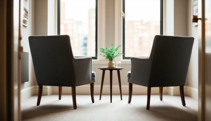 A cozy office with two chairs facing each other, a small table in between, and soft lighting creating a warm and inviting atmosphere