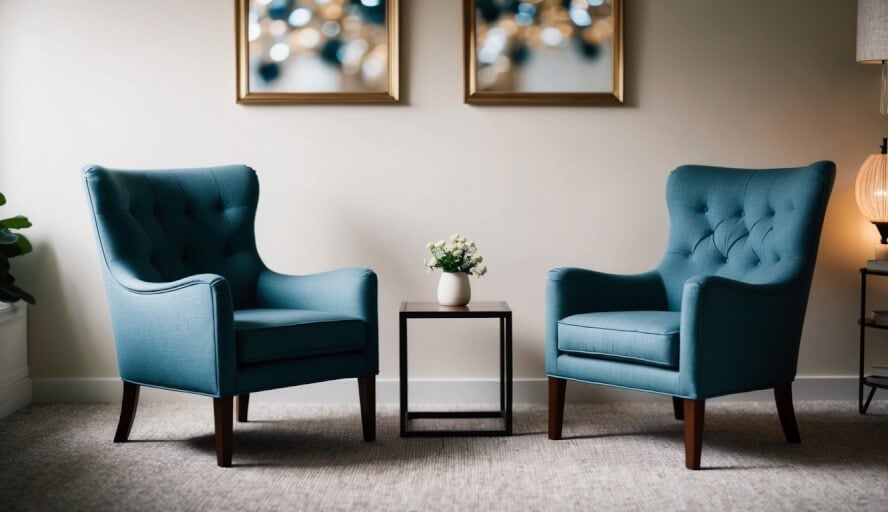 A cozy office with two comfortable chairs facing each other, a small table between them. Soft lighting and calming decor create a welcoming atmosphere