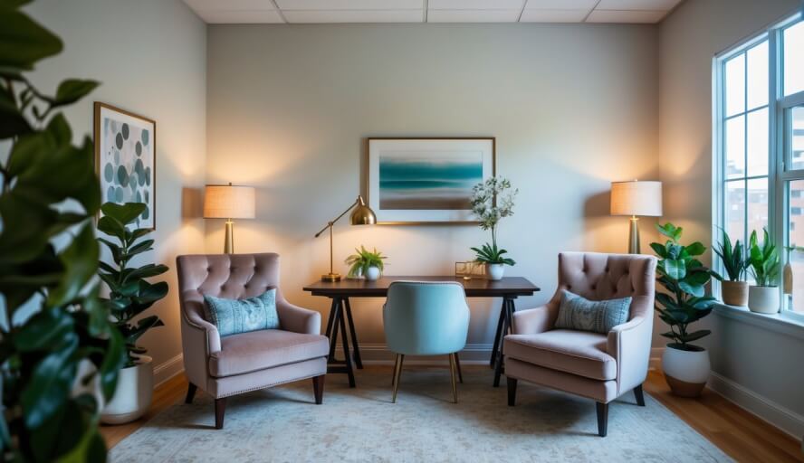 A cozy office with plush chairs and soft lighting, adorned with calming artwork and potted plants