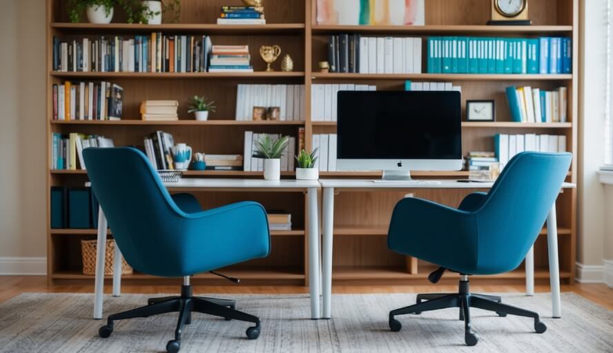 A cozy office with two chairs facing each other, a desk with a computer, and shelves filled with books and therapy resources