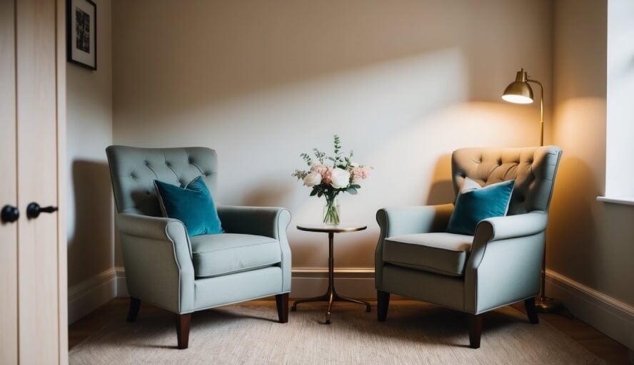 A cozy office with two comfortable chairs facing each other, a small table with a vase of flowers, and soft lighting creating a warm and inviting atmosphere