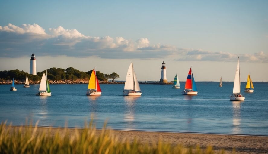 A serene beach with a lighthouse in the distance and colorful sailboats dotting the water