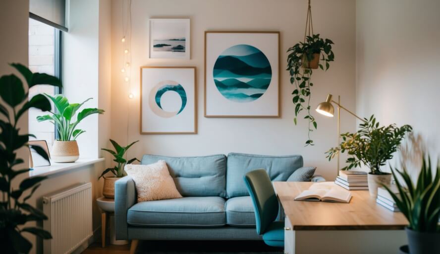A cozy office with a comfortable couch and soft lighting, adorned with calming artwork and plants. A desk holds a few books and a soothing aroma fills the air