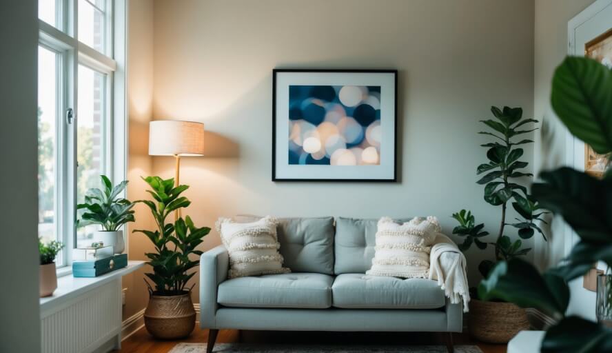 A cozy office with a comfortable couch and soft lighting, adorned with calming artwork and plants