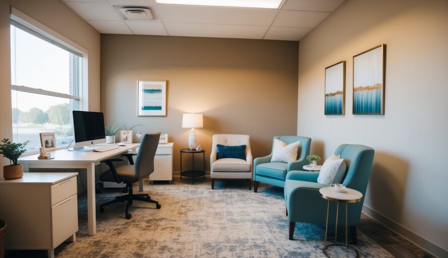 A peaceful office with warm lighting, comfortable seating, and calming decor. A desk with a computer and a cozy area for therapy sessions