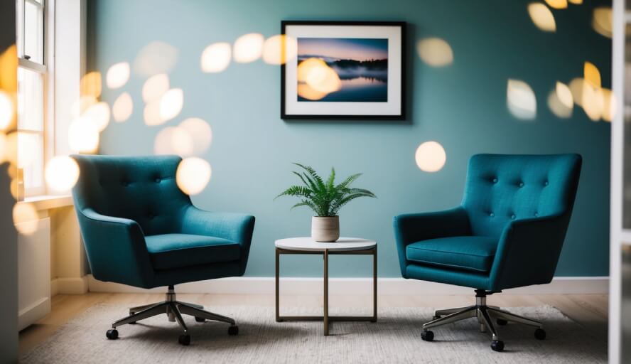 A cozy office with two chairs facing each other, a small table in between, and a calming color scheme