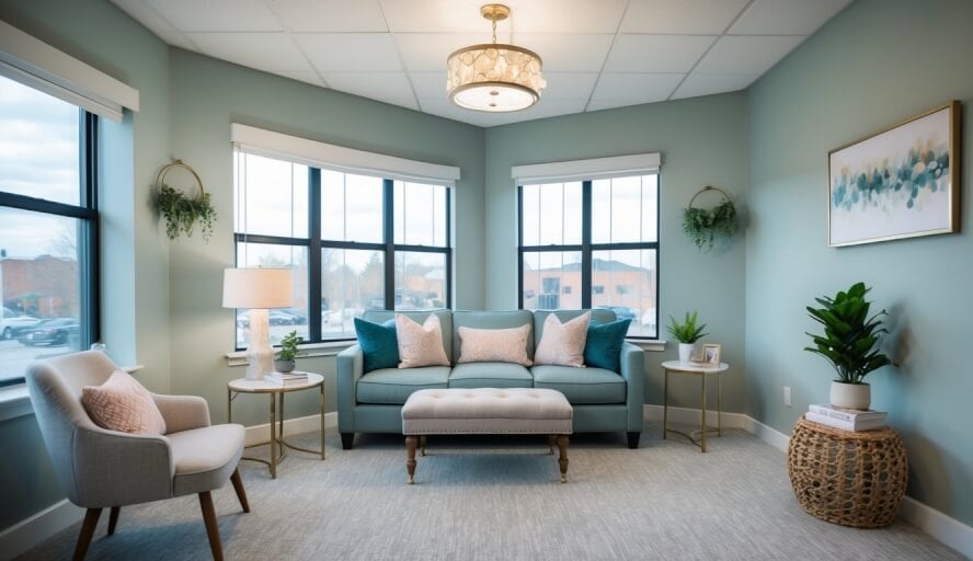 A cozy therapy office with a comfortable couch, soft lighting, and calming decor