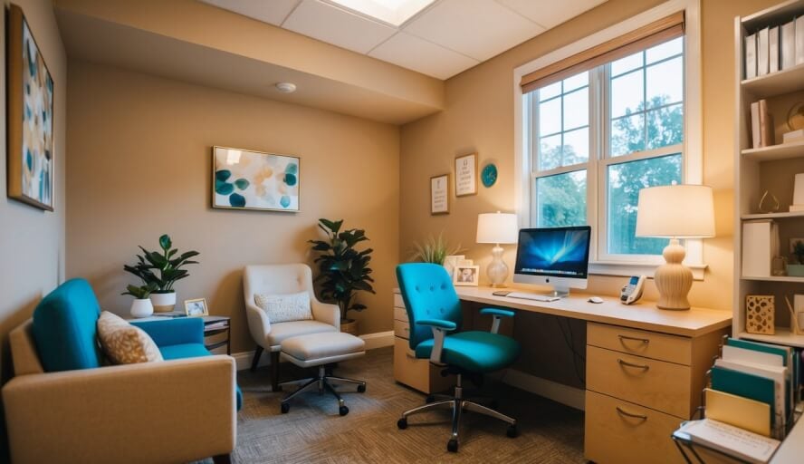 A cozy office with warm lighting, comfortable seating, and calming decor. A desk with a computer and various therapy resources