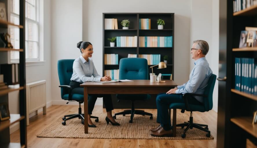 A cozy office with a desk, chairs, and bookshelves. A therapist sits across from a client, engaged in conversation