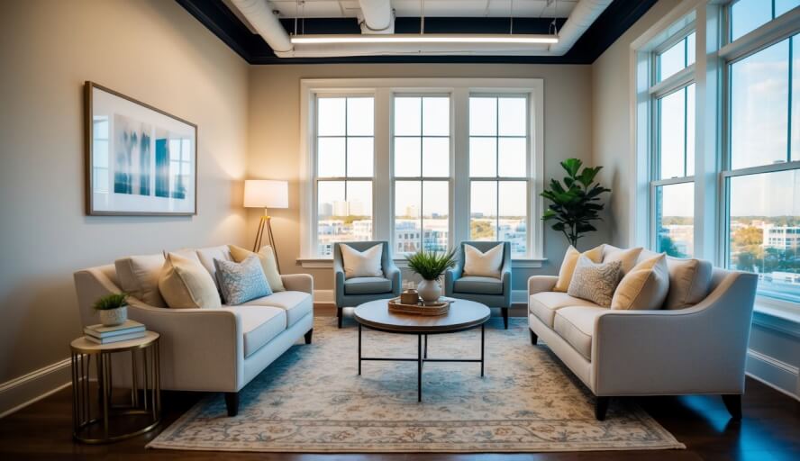 A cozy office with soft lighting, comfortable seating, and calming decor in Savannah, GA