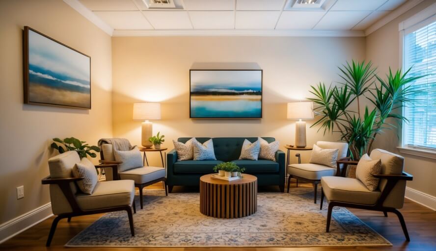 A cozy office with warm lighting and comfortable seating, adorned with calming artwork and plants, located in Savannah, GA