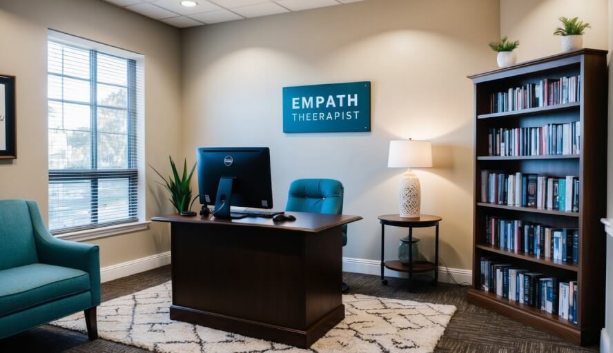 A cozy office with a welcoming waiting area, shelves of books, and a desk with a computer and phone. A sign on the wall reads "Empath Therapist."