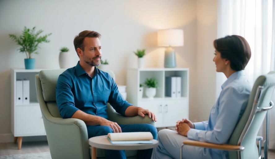 A serene office with soft lighting and comfortable seating, a therapist and client engage in deep conversation