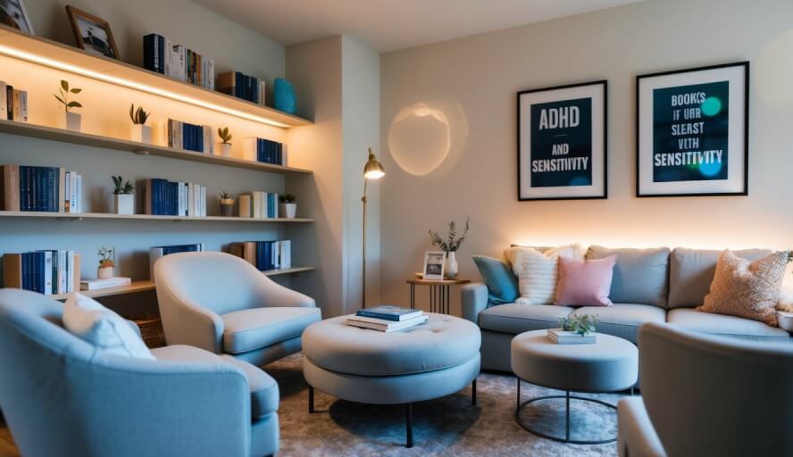 A cozy office with soft lighting, comfortable seating, and calming decor. Books on ADHD and sensitivity line the shelves, while soothing music plays in the background