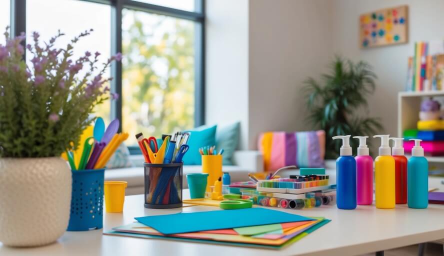 A cozy therapy office with colorful art supplies and a tranquil atmosphere, showcasing the integration of cognitive behavioral and expressive arts therapy