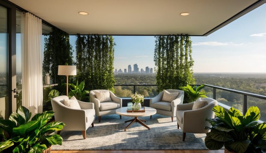 A peaceful, sunlit office with cozy seating and calming decor, surrounded by lush greenery and a view of the Savannah skyline
