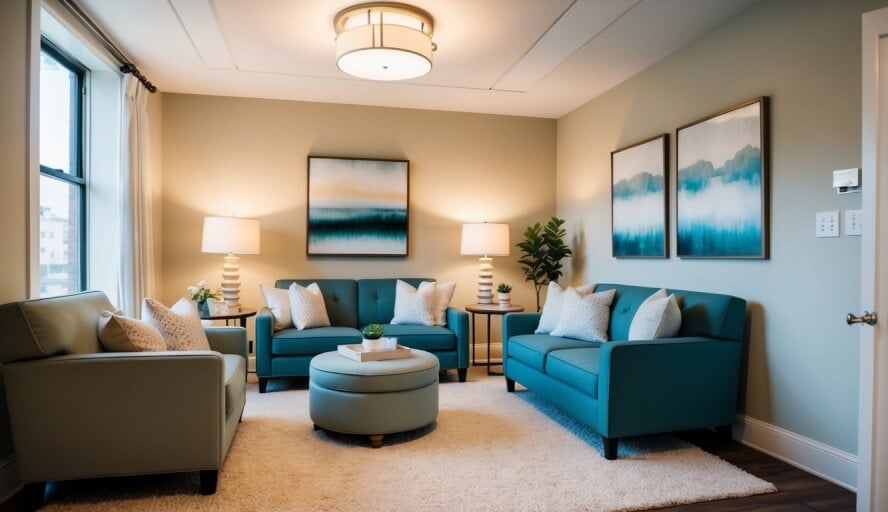 A cozy office with soft lighting and comfortable seating, a warm and welcoming atmosphere, with soothing decor and calming artwork on the walls
