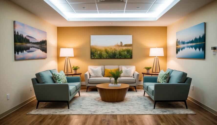 A peaceful office space with warm lighting and comfortable seating, surrounded by calming nature scenes and artwork
