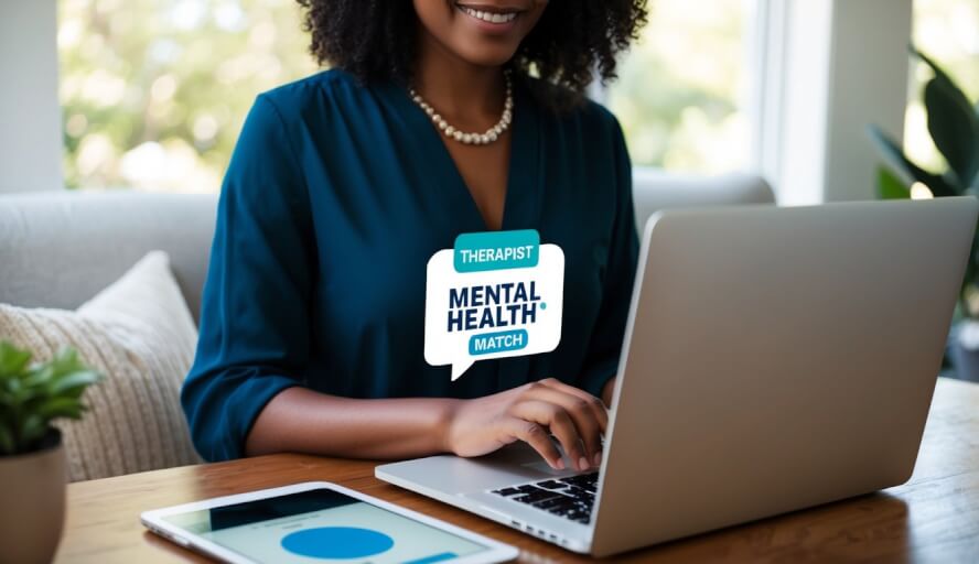 A person using a laptop to search for a therapist on Mental Health Match in a cozy Savannah, GA setting