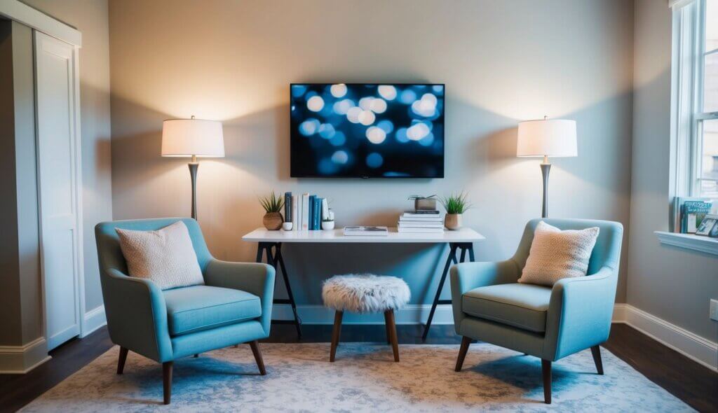 A cozy office in Durham, NC with two comfortable chairs, soft lighting, and calming decor. A desk holds books and therapeutic materials
