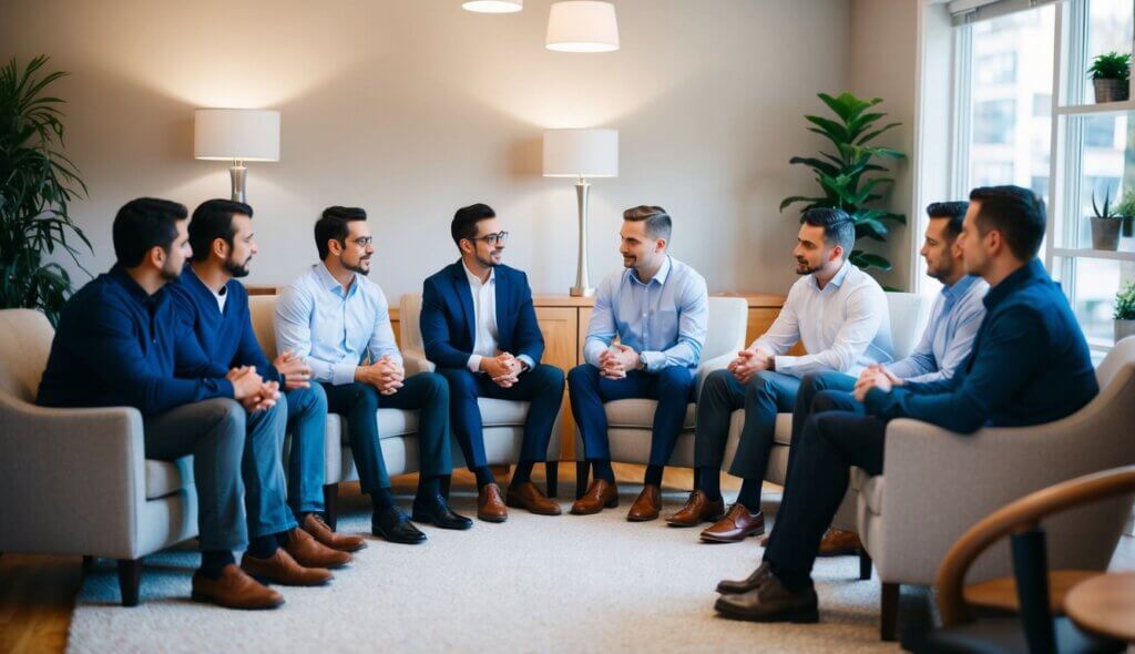 A group of men gather in a cozy therapy office in Seattle, WA, engaging in deep conversations with their depression therapists. The room is filled with comfortable chairs and soft lighting, creating a safe and welcoming environment for healing