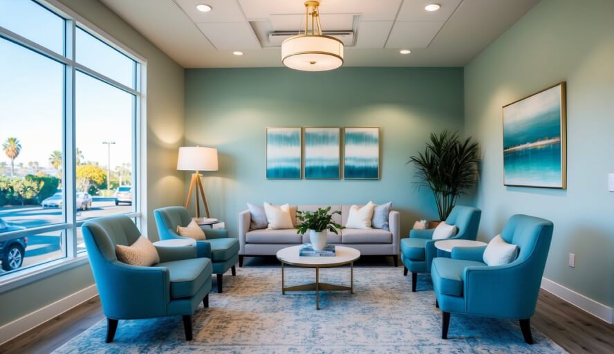 A serene office space with calming decor and natural light, featuring comfortable seating and a peaceful atmosphere for work stress therapists in San Diego, CA
