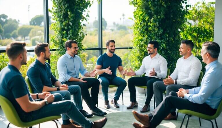 A group of men sit in a circle, surrounded by greenery, engaging in a therapy session led by a professional in a sunny Los Angeles office