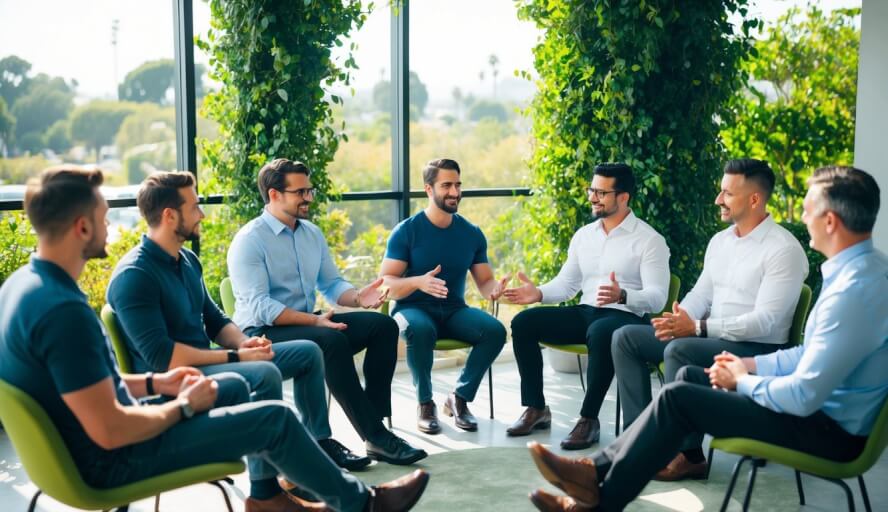 A group of men sit in a circle, surrounded by greenery, engaging in a therapy session led by a professional in a sunny Los Angeles office