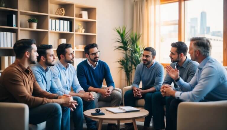 A group of men gather in a cozy office, discussing their feelings with a therapist in San Francisco. The room is filled with comfortable seating and warm lighting