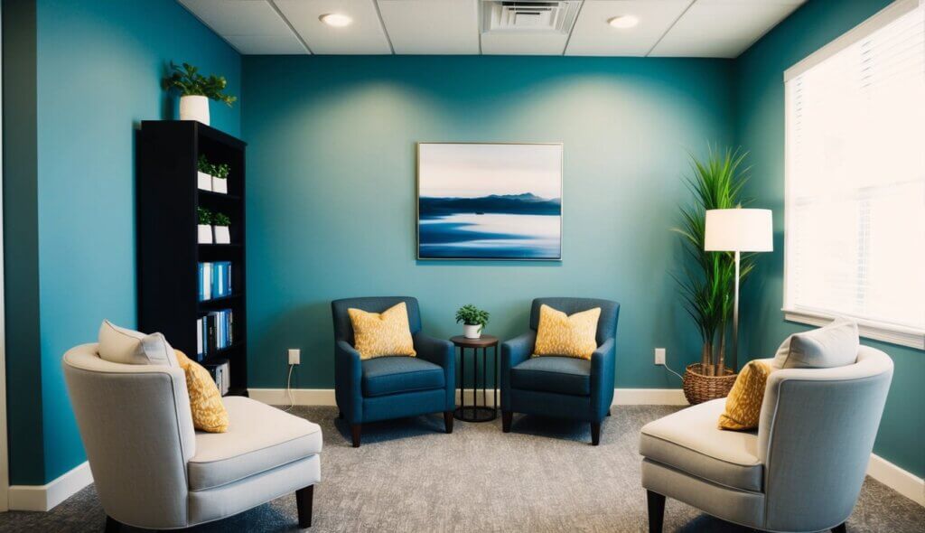 A therapist's office in Fresno, CA. A cozy room with comfortable chairs and soft lighting, creating a safe and welcoming space for men seeking help with depression