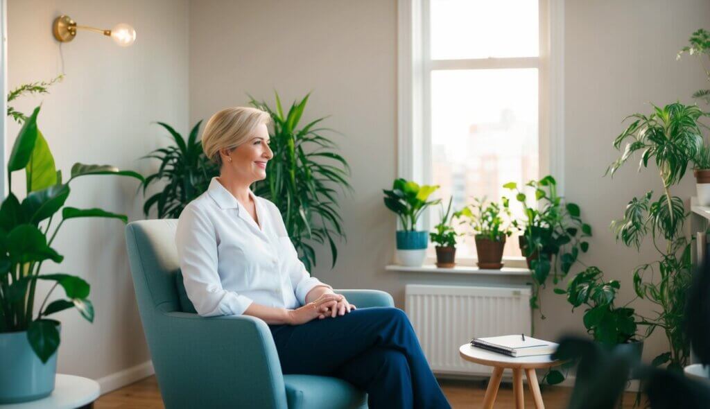 A cozy office in San Francisco with a calming atmosphere, filled with plants and soft lighting. A therapist sits in a comfortable chair, ready to listen and help