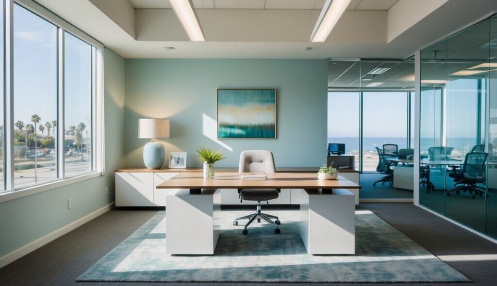 A serene office space with calming decor and natural light, situated in a peaceful area of Long Beach, CA