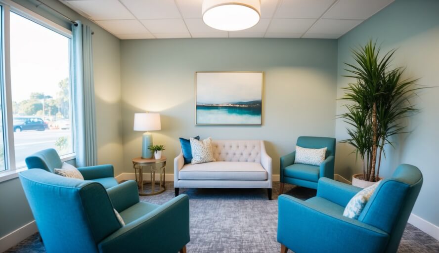 A serene office space with calming decor, soft lighting, and comfortable seating for therapy sessions in Sacramento, CA