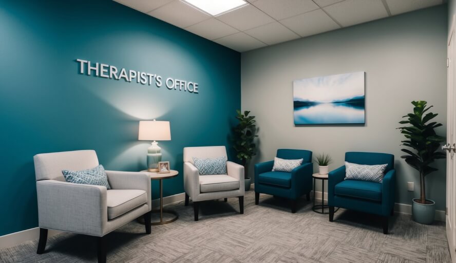 A therapist's office in Fresno, CA with calming decor, soft lighting, and comfortable seating for clients