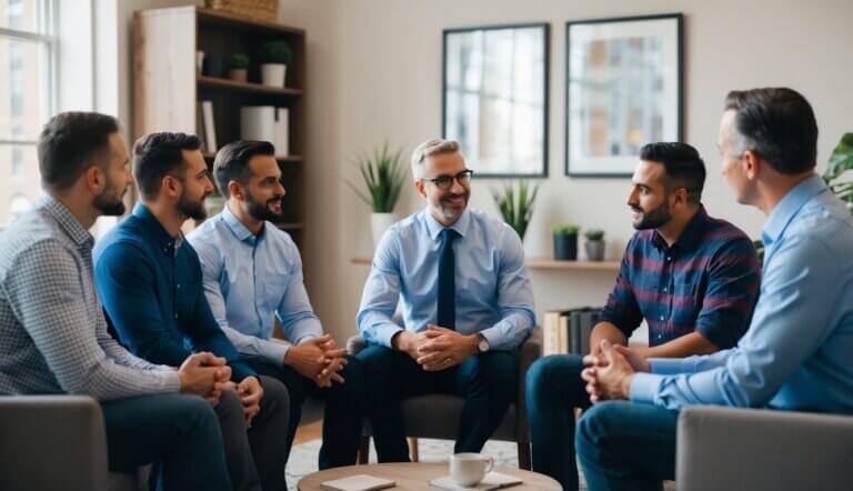 A group of men sit in a circle, sharing their experiences with a therapist in a cozy office in Chicago. The therapist listens attentively, offering support and guidance