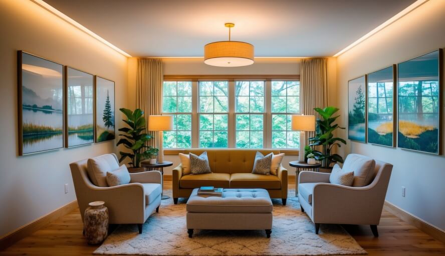 A cozy office in Austin with warm lighting and comfortable seating, surrounded by calming nature scenes and soothing artwork