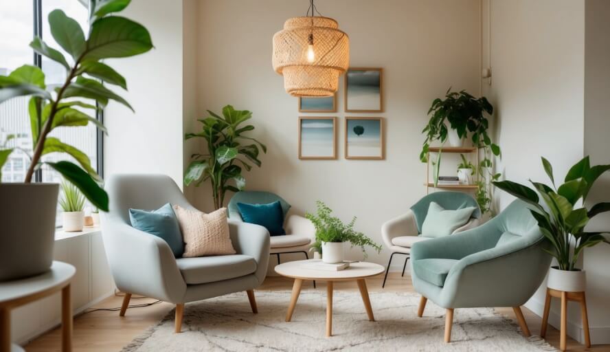 A cozy office in Austin with soft lighting, plants, and comfortable seating. A calming atmosphere with natural elements and soothing colors