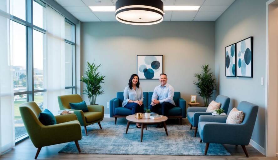 Therapists in a modern office in Washington, DC, with calming decor, comfortable seating, and natural light